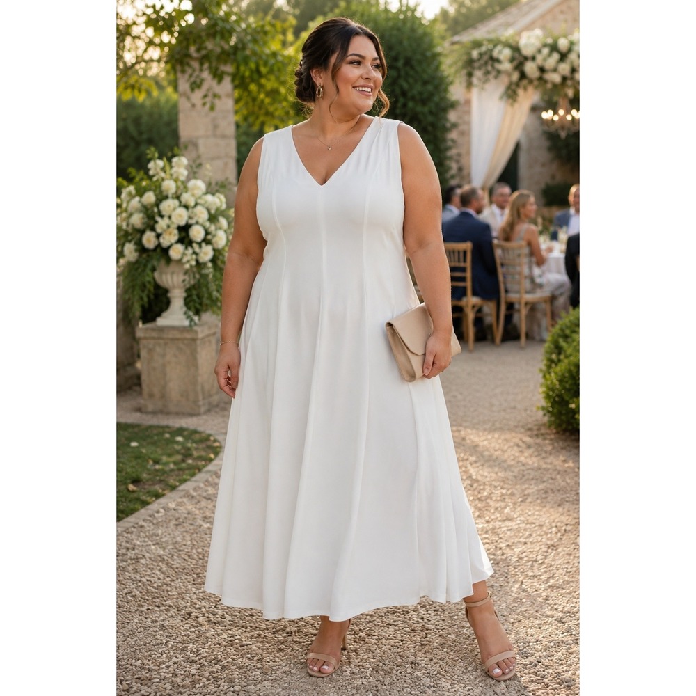 Calvin Klein White Sleeveless Midi Dress 22W Elegant Wedding Bridal Shower Dress
